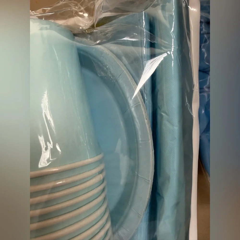 Light Blue Party Tableware Set with Foil Fringe Curtain -set of 3